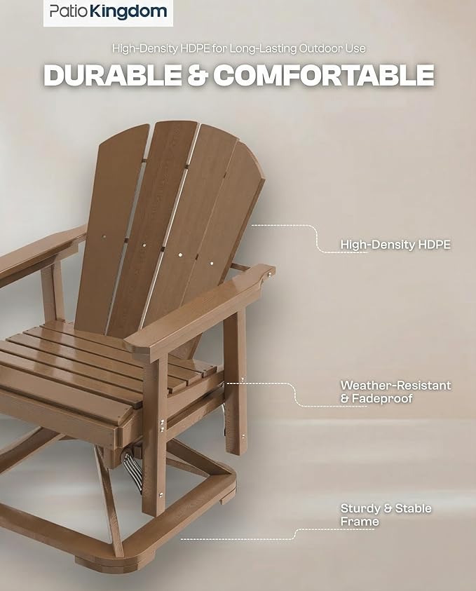 HDPE Swivel Glider Chair Outdoor, Weather Resistant Adirondack Outside Rocking Chair, Wooden Textured Outdoor Swivel Chair for Porch, Balcony, Poolside, Backyard (Teak)