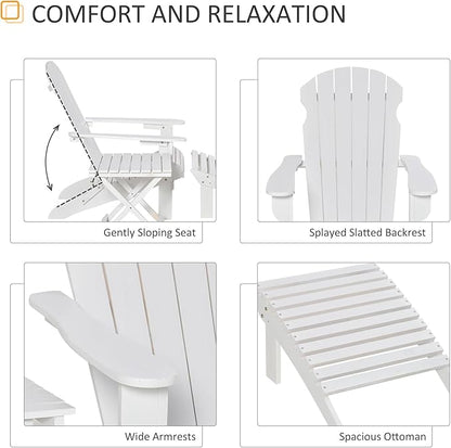 Outsunny 3-Piece Folding Adirondack Chair with Ottoman and Side Table, Outdoor Wooden Fire Pit Chairs w/High-Back, Wide Armrests for Patio, Backyard, Garden, Lawn Furniture, White