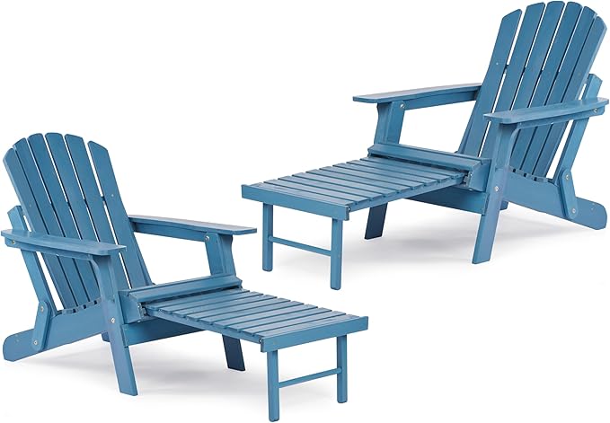 SoliWood Set of 2 Oversized Outdoor Wooden Folding Adirondack Chair with Retractable Ottoman - Photo 1