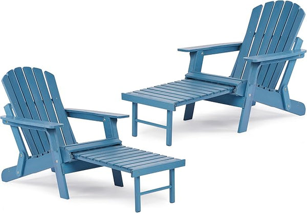 SoliWood Set of 2 Oversized Outdoor Wooden Folding Adirondack Chair with Retractable Ottoman - Photo 1