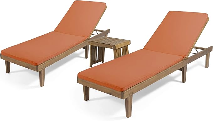 Christopher Knight Home William Outdoor Acacia Wood 3 Piece Chaise Lounge Set, Teak Finish, Rust Orange