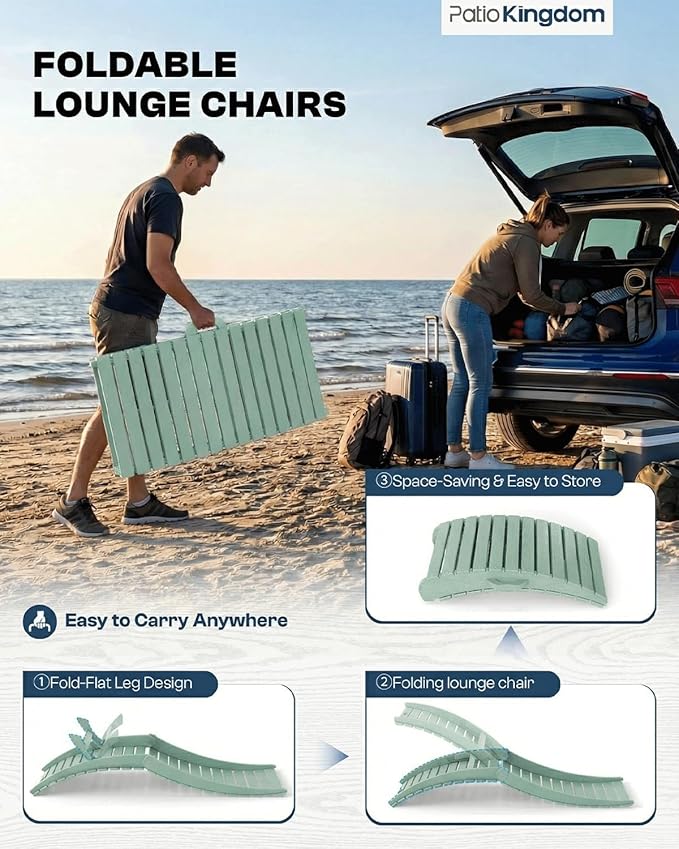 in-Pool Lounge Chairs Set of 2, Folding HDPE Pool Chairs Anti-Floating No Sandbags with Cup Holder & Handles, Outdoor Chaise Lounge for Poolside, Patio & Sun Deck(Mint)