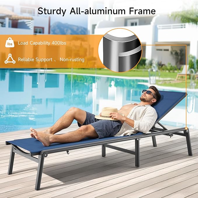 Aluminum Chaise Lounge Chair Outdoor, Foldable & Assembly Free Outdoor Lounge Chair with 5 Position Adjustable Backrest - Photo 6