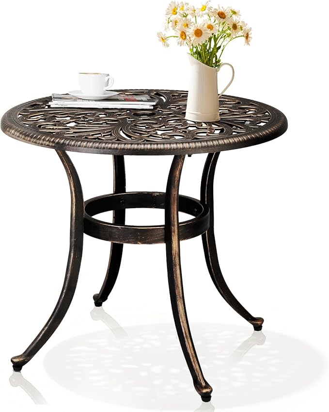 Outvita Patio Side Table, 23.6in Outdoor Round Cast Aluminum Bistro Table with Umbrella Hole and Antique Design for - Photo 1