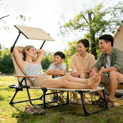 Folding Outdoor Chaise Lounge Chair with Arms, 4 Position Sunbathing Lounge Chair with Shade, Sun Tanning Chairs for Outside Portable with Cup Holders for Beach Patio Camping Poolside Yard (Beige- B)