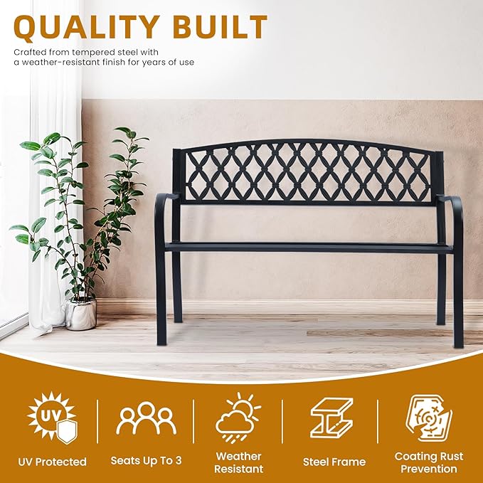 Lattice Metal Park Patio Bench, Outdoor Bench in Black for Porch, Lawn, Garden, Deck by Sun-Ray
