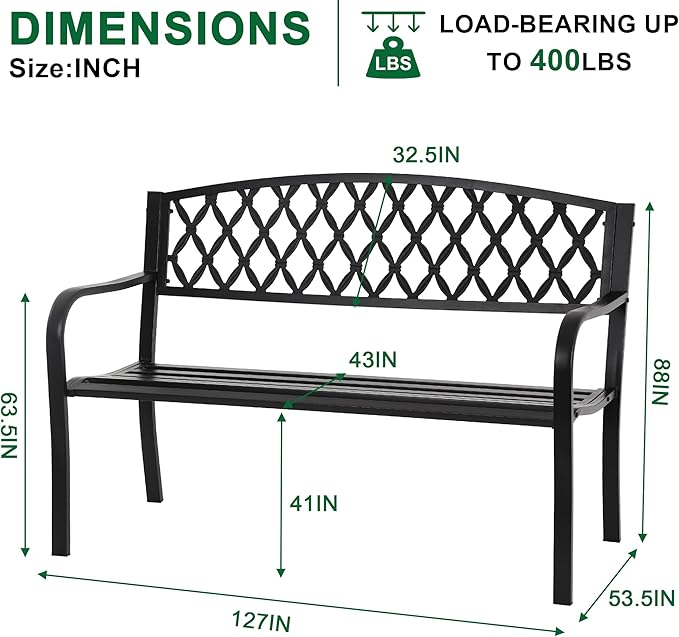 50-Inch Garden Bench,Park Outdoor Bench Metal Bench Clearance Yard Porch Chair with Steel Frame Outdoor Furniture for Backyard Entryway Deck Lawn, Black