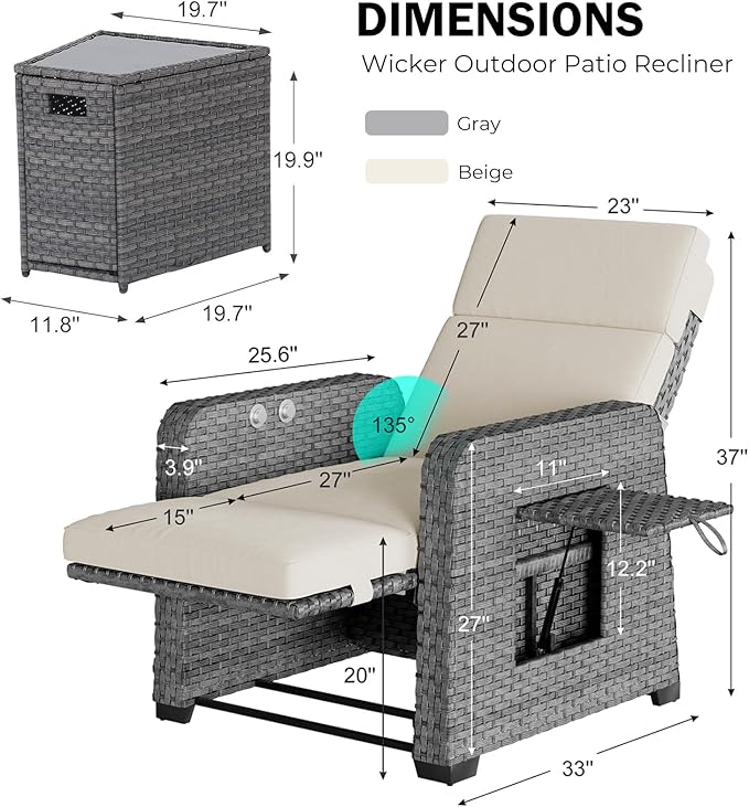 Restland Outdoor Recliner with Independent Adjustable Back & Footrest Wicker Patio Reclining Chair with Flip Table - Photo 2