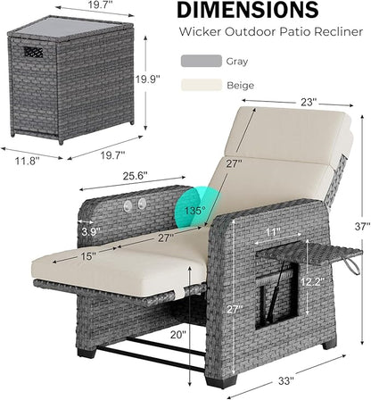 Restland Outdoor Recliner with Independent Adjustable Back & Footrest Wicker Patio Reclining Chair with Flip Table Comfortable Lounge Chair & Thick Cushion for Deck, Porch (3 Piece, Beige)