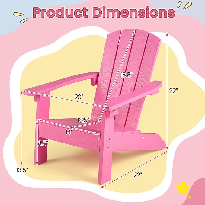 KOTEK Kids Adirondack Chair Set of 2, Plastic Toddler Lawn Chair with Ergonomic Seat, Wood-Grain Texture, Easy to Assemble, All-Weather Outdoor Kids Chairs for Patio, Garden, Backyard (Pink)