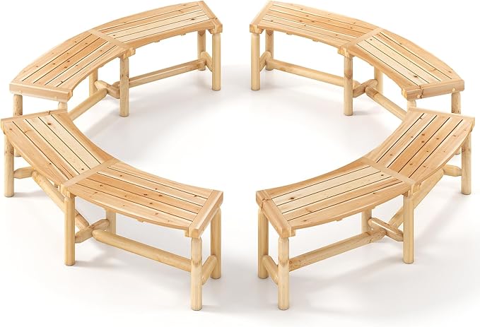 Tangkula Patio Curved Bench Set of 4, Solid Wood Fire Pit Bench for 2-3 People, Outdoor Backless Loveseat for Backyard - Photo 1