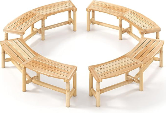 Tangkula Patio Curved Bench Set of 4, Solid Wood Fire Pit Bench for 2-3 People, Outdoor Backless Loveseat for Backyard, Garden, Poolside, 800 LBS Max Load (Natural)