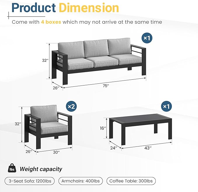 Solaste Aluminum Outdoor Patio Furniture Set, 5 Seats Patio Sectional Sofa with 5" Thick Cushion - Photo 2