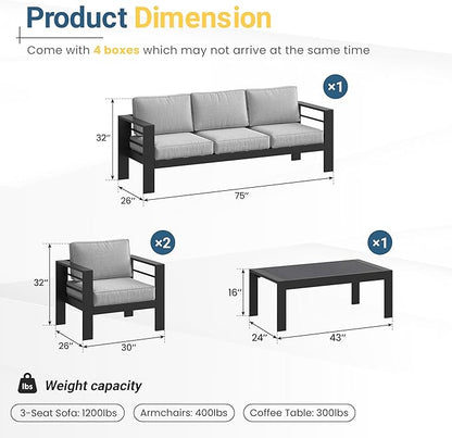 Solaste Aluminum Outdoor Patio Furniture Set, 5 Seats Patio Sectional Sofa with 5" Thick Cushion, Outdoor Patio Set with Coffee Table for Porch, Yard, Backyard, Deck, Light Grey