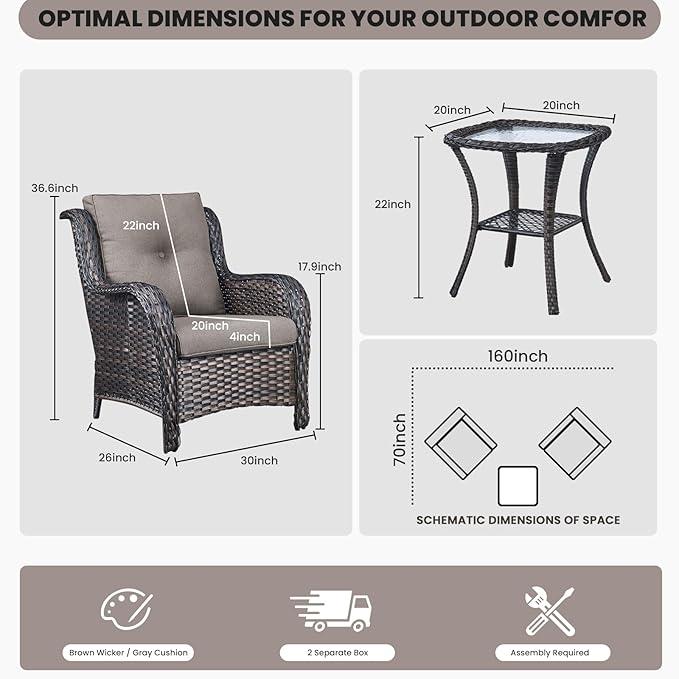 Belord Outdoor Furniture Set Patio Wicker Chairs, 3 Peices Porch Rattan Furniture with Side Table, Deep Seating Patio Bistro Chair Sets (Grey Cushion)