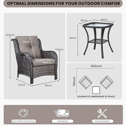 Belord Outdoor Furniture Set Patio Wicker Chairs, 3 Peices Porch Rattan Furniture with Side Table, Deep Seating Patio Bistro Chair Sets (Grey Cushion)