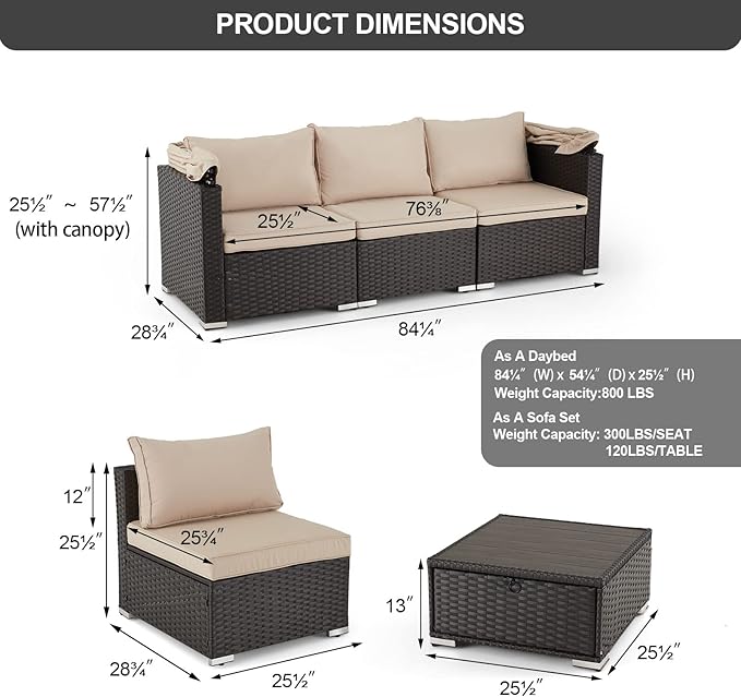 Vicluke 6 Pieces Patio Furniture Sets Outdoor Sectional Sofa Set Rattan Daybed with Retractable Canopy - Photo 6