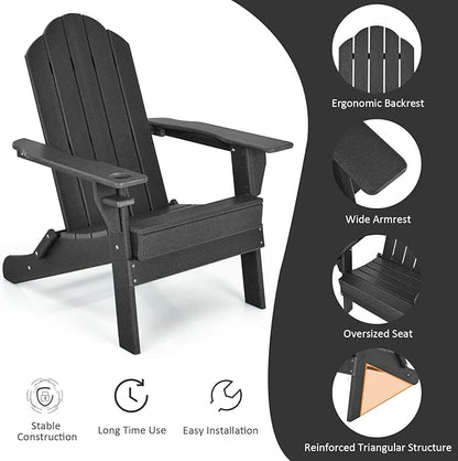 Tangkula Outdoor Folding Adirondack Chair, HDPE Armchairs with Cup Holder, Weather Resistant Lounger Chair for Patio Garden Fire Pit Backyard, Lawn Porch Seating, Adirondack Lounger (1, Black)