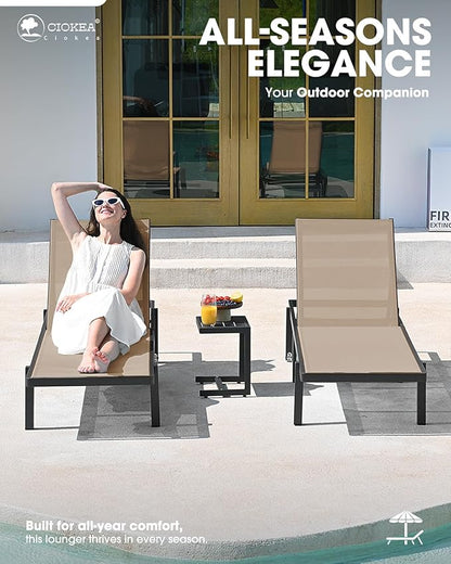 Ciokea Aluminum Chaise Lounge Chair Outdoor with Wheels, Patio Lounge Chair with Adjustable 5-Position Recliner and Full Flat Tanning Chair for Patio, Beach, Pool, Khaki