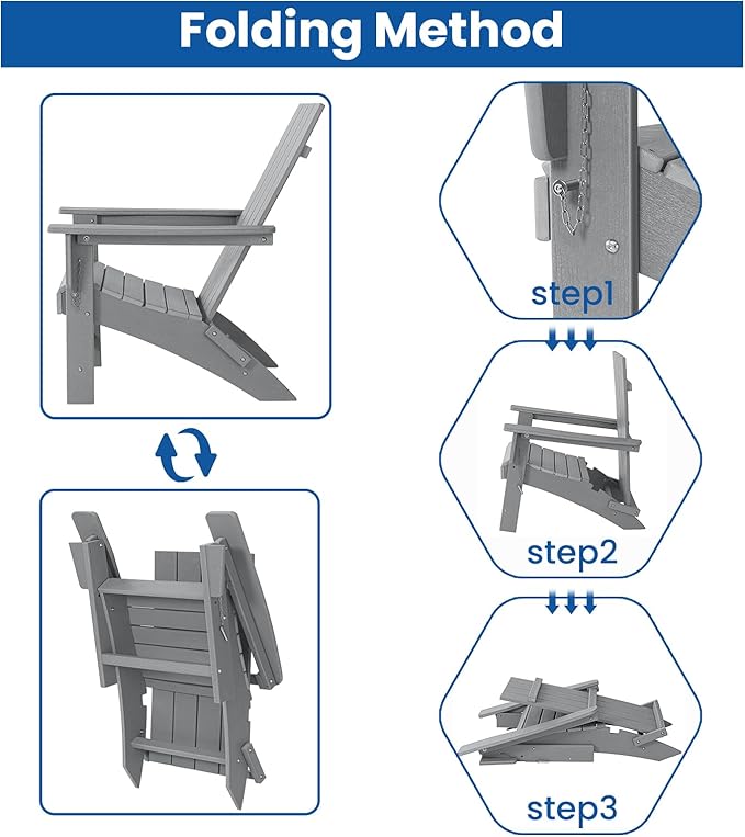 Folding Adirondack Chair with Ottoman Weather Resistant Foldable Fire Pit Chairs with Footrest HDPE Outdoor Adirondack Chair for Patio Front Porch Pool Garden Deck Fire Pit Outside,Gray