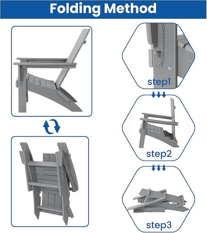 Folding Adirondack Chair with Ottoman Weather Resistant Foldable Fire Pit Chairs with Footrest HDPE Outdoor Adirondack Chair for Patio Front Porch Pool Garden Deck Fire Pit Outside,Gray