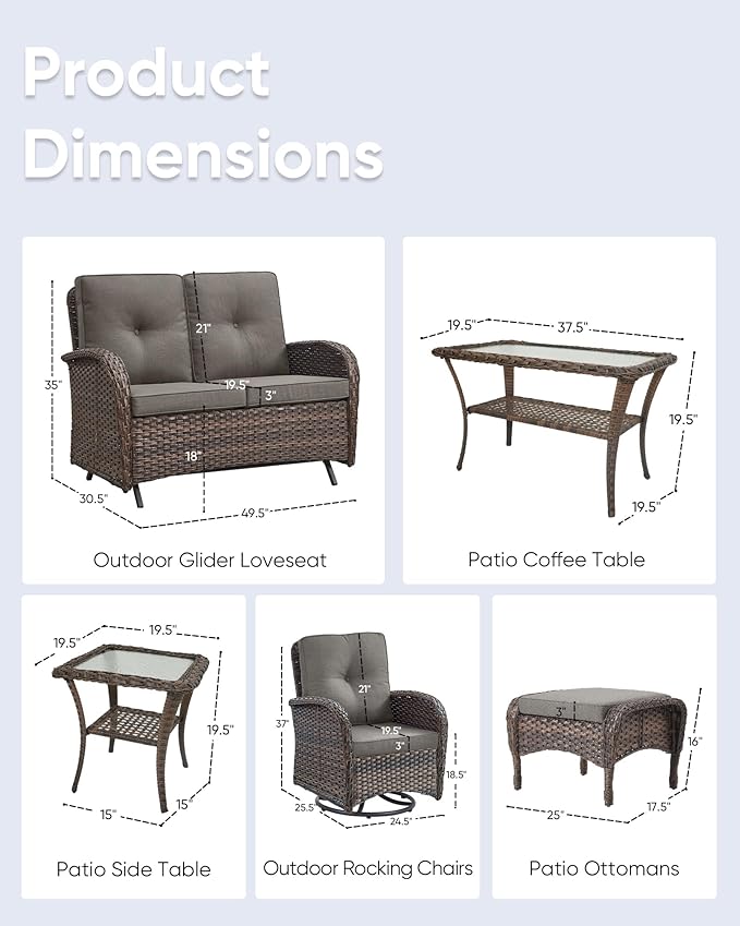 7 Pieces Patio Furniture-Patio Swivel Chairs Set of 2 Outdoor Glider Bench Rocking Chair with Patio Ottomans Patio Conversation Sets for Deck Porch Garden Balcony Poolside-Brown/Grey