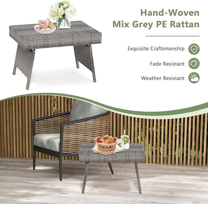 ReunionG Outdoor Patio Wicker Table, Portable Folding Table with Rattan and Steel Frame, Leisure Coffee Table, All Weather Standing Side Table for Lawn Garden, Courtyard, Poolside (Grey)