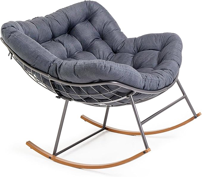 Oversized Outdoor Rocking Chair, Egg Patio Papasan Chair, Comfy Rocker Reading Lounge, for Porch, Garden, Bedroom, Living Room, Balcony, Indoor, Dark Gray