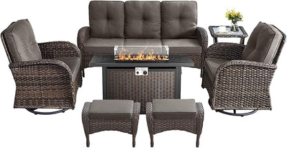 7 Pieces Outdoor Furniture with Fire Pit Deep Seating Wicker Patio Couch with Patio Swivel Chairs Outdoor Furniture Set for Deck Porch Garden Balcony Poolside-Brown/Grey