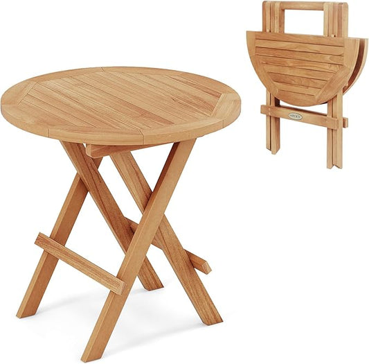 Tangkula Patio Folding Side Table, Teak Wood Round Coffee Table w/X-Shaped Legs & Slatted Tabletop, Portable & Compact Outdoor End Table for Backyard, Deck, Lawn