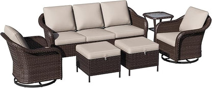 6 Piece Patio Wicker Conversation Set, All-Weather Use Outdoor Wicker Sofa with 2 PE Rattan Ottomans,2 Swivel Chair, 1 Side Table, Ideal for Porch, Backyard, Balcony, Poolside, Beige