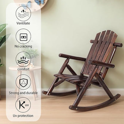 Wooden Rocking Chair Outdoor, Ergonomic High Back Patio Rocking Chairs, Porch Rocker for Backyard/Lawn/Patio/Garden/Balcony/FirePit/Indoor (Brown)