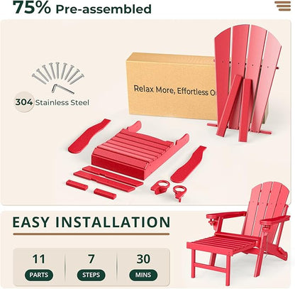 BRIOPAWS Adirondack-Chair-with-Pull-Out-Footrest | Folding | HDPE Plastic | Fire Pit Chairs | All Weather | Cup Holders | Curved Back | Retractable Ottoman | for Outdoor Deck Poolside | Red
