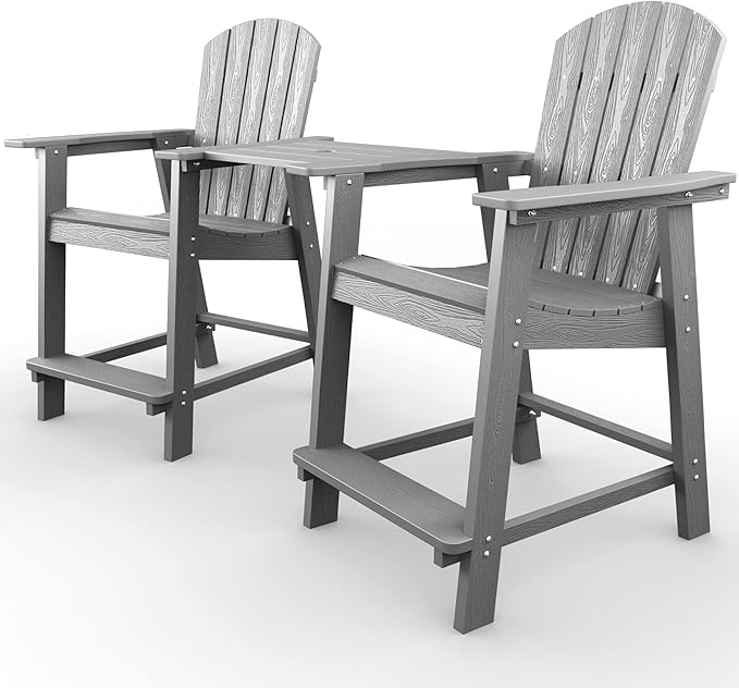 YEFU Balcony Chair, Tall Adirondack Chair Set of 2 with Connecting Tray, Poly Lumber Adirondack Chair Bar Stools, Patio Stools, 380lbs, Weather Resistant for Outdoor Deck Lawn Pool Backyard-Grey