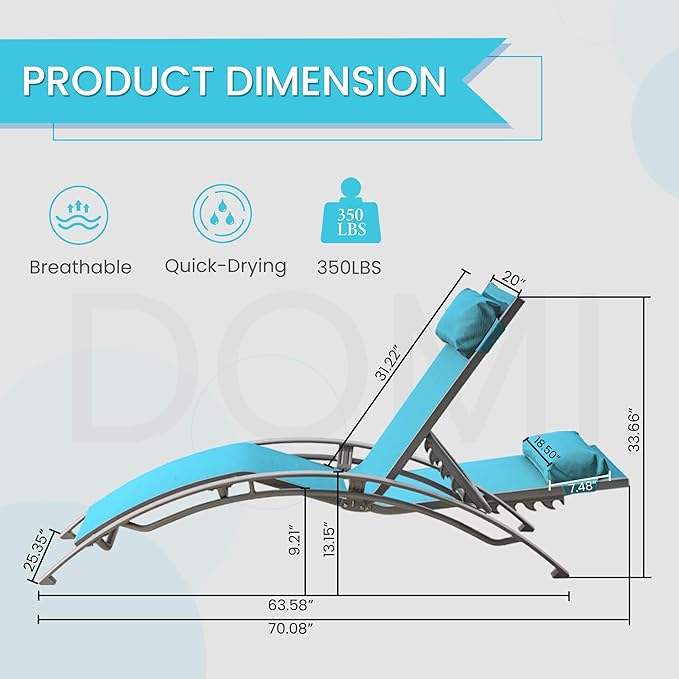 Domi Lounge Chair Set of 2, Aluminum Lounge Chairs for Outside with 5 Adjustable Positions, Chaise Lounge Outdoor for Pool, Garden, Beach, Camping, Backyard(Turquoise Blue)