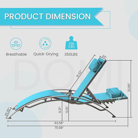 Domi Lounge Chair Set of 2, Aluminum Lounge Chairs for Outside with 5 Adjustable Positions, Chaise Lounge Outdoor for Pool, Garden, Beach, Camping, Backyard(Turquoise Blue)