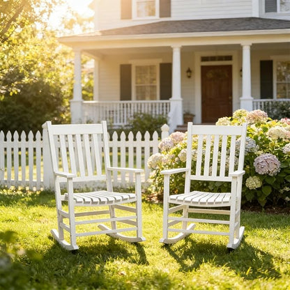 2Pcs Wooden Rocking Chairs, Wood Classic Slatted Patio Porch Rockers for Porches, Backyards, Poolside Balconies, Decks(White)