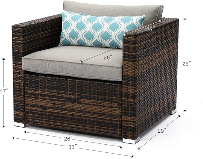 COSIEST All-Weather Patio Chair, Single Brown Wicker Chair with Thick Gray Cushions & Teal Pillow - Photo 3