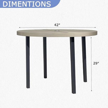 42" Round Patio Dining Table for 4, All-Weather Metal Patio Table with Umbrella Hole, Outdoor Round Dining Table for Lawn Garden Porch, Honey Oak
