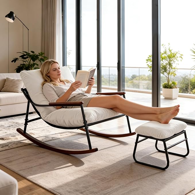 Comfortable Glider Rocking Chair with Footrest, Reclining Lounge Chair with Soft Cushions, High Back and Armrests, Indoor & Outdoor Patio Rocker for Living Room, Bedroom or Office, White