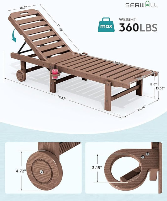 SERWALL Patio Chaise Lounge Set of 4, HDPE Outdoor Lounge Chair with Cup Holder, 5 Positions Adjustable Poly Lounger with Rolling Wheels for Poolside, Deck, Sunbathing, Brown