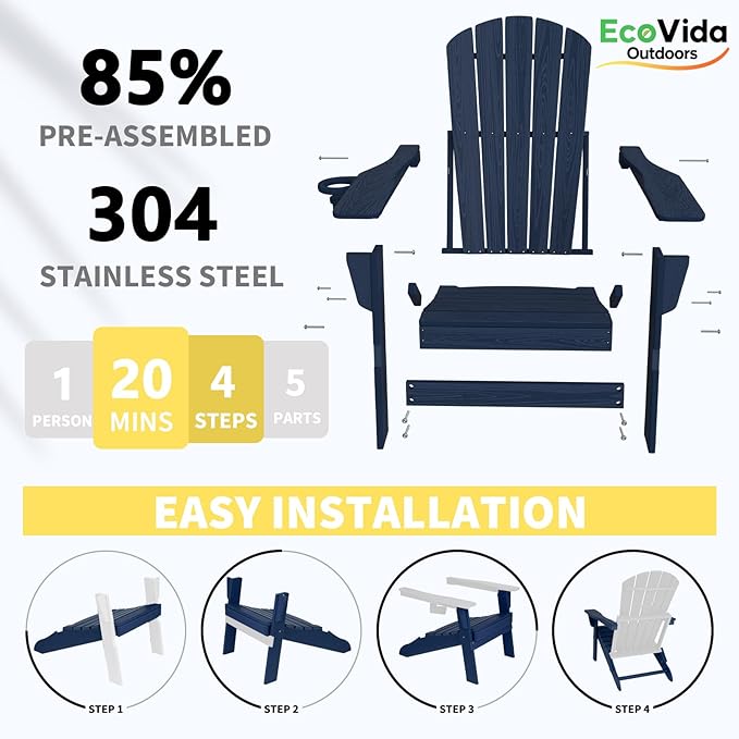 Upgraded Folding Adirondack Chair with All-Weather Cup Holder-EcoVida, Premium Wood Grain Texture, HDPE Waterproof - Photo 8