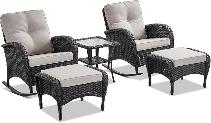 Belord Patio Rocking Chairs Furniture Set - 5 Piece Outdoor Wicker Furniture Sets with Ottomans - Photo 2