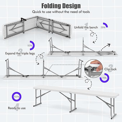 Giantex 6 Feet Plastic Folding Bench Set of 2, Portable Picnic Seat for BBQ Party Camping Dining, HDPE Top, Metal Frame, Indoor Outdoor Foldable Bench for Garden Entertainment Activities Sport Events