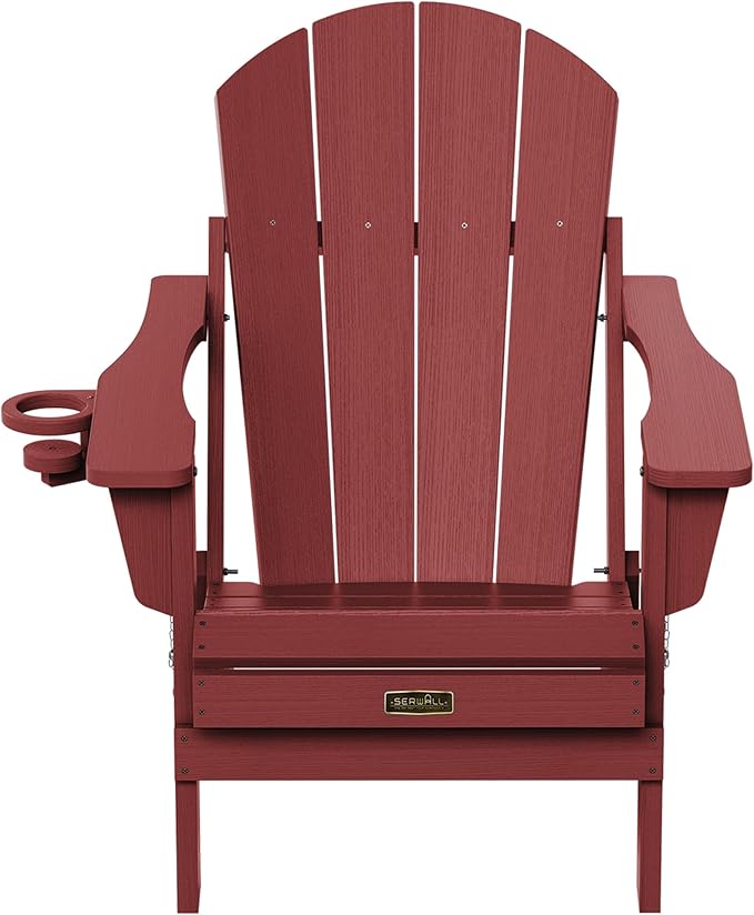 SERWALL Folding Adirondack Chair Set of 8, Weather Resistant Patio Chair with Cup Holder Weather Resistant Fire Pit Chair for Patio -Red