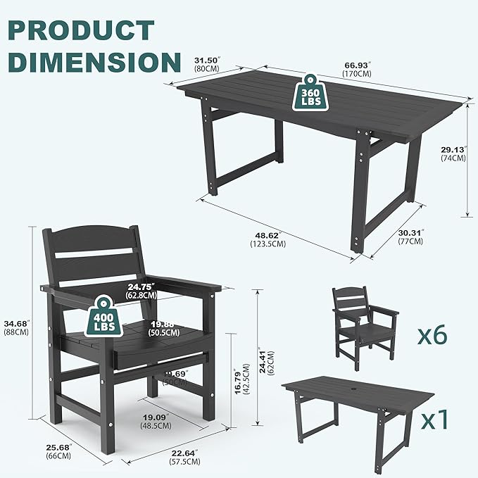 7-Piece HIPS Patio Dining Set, Outdoor Dining Table and Chairs Set with Umbrella Hole, Weatherproof Dining Table Set for 6 Person, Patio Furniture Set for Outside Deck, Black