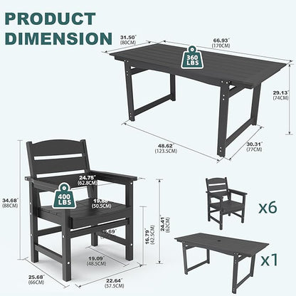 7-Piece HIPS Patio Dining Set, Outdoor Dining Table and Chairs Set with Umbrella Hole, Weatherproof Dining Table Set for 6 Person, Patio Furniture Set for Outside Deck, Black
