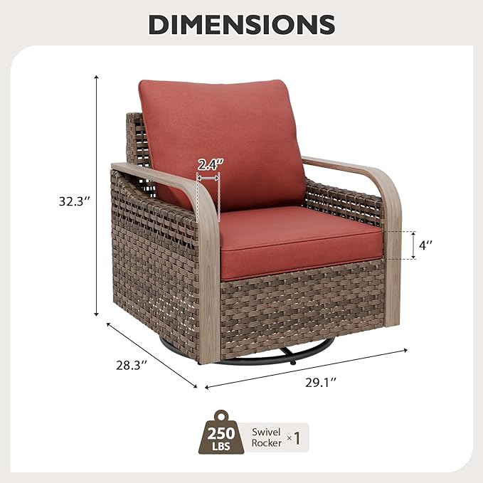 EAGLE PEAK Modern Wicker Outdoor Glider Rocking Chair, Swivel Rocker, Rattan Patio Furniture for Yard Deck Porch Garden, 1 Chair, Brown/Red