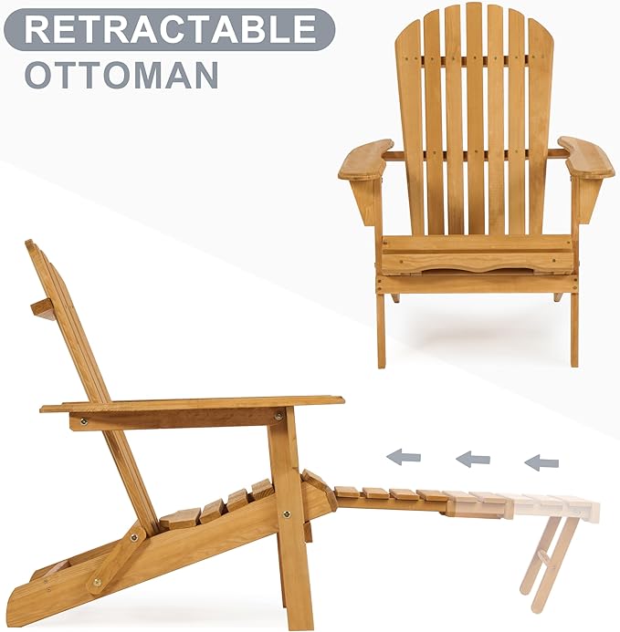 Wooden Folding Adirondack Chair with Ottoman, Pre-Assembled Backrest and Seat Board, Lounge Chair for Outdoor Patio Garden Lawn Backyard Firepit Deck Pool Beach