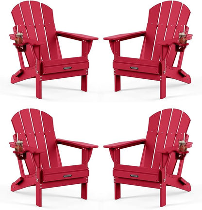 MUCHENGHY Folding Adirondack Chairs Set of 4, Patio Chairs, Lawn Chairs, Outdoor Chairs, Adirondack Chair Plastic, Fire Pit Chairs, Weather Resistant with Cup Holder for Deck, Backyard, Garden(Red)
